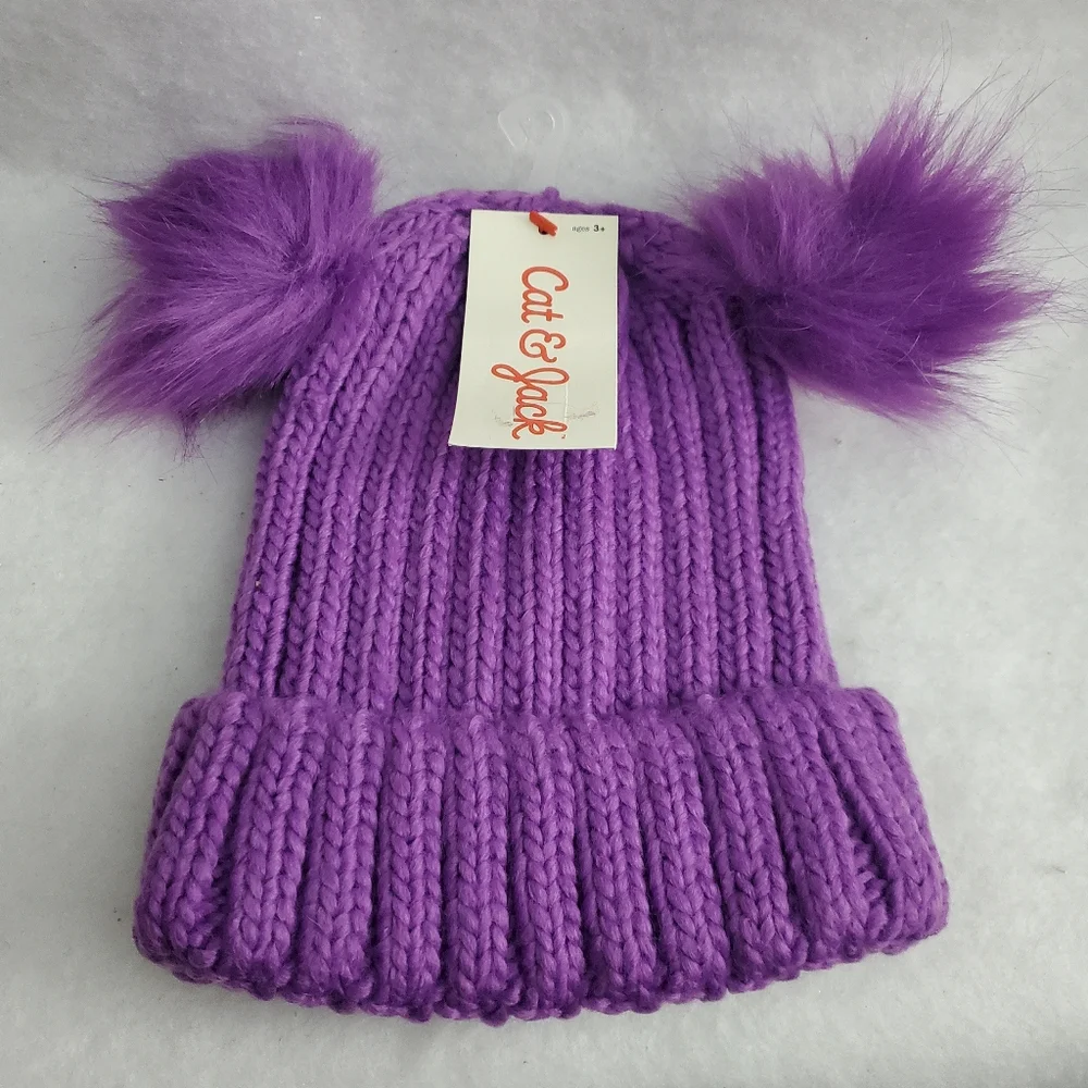 Cat & Jack Purple Pom Pom Beanie One Size